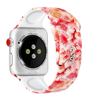Силиконовый ремешок с рисунком&nbsp;для Apple watch 38mm / 40mm Белый / Розовые цветы
