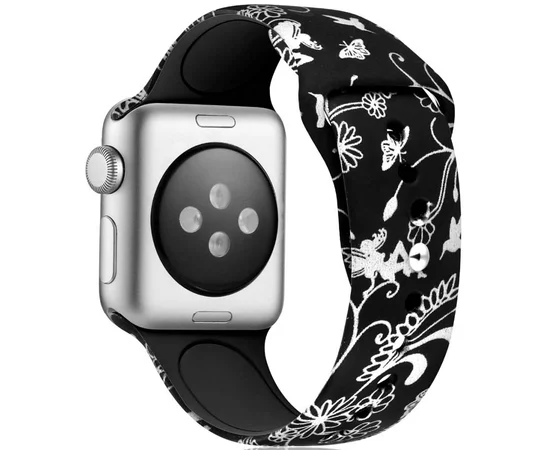 Силиконовый ремешок с рисунком&nbsp;для Apple watch 38mm / 40mm Черный/Цветы