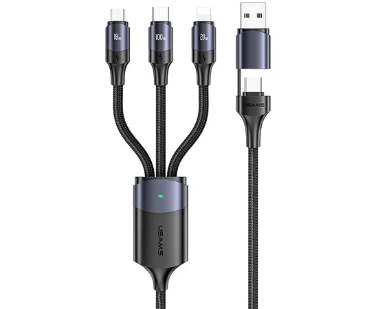 Дата кабель Usams US-SJ511 U71 All in One Aluminum Alloy USB + Type-C to Triple Head 3in1 100W(1.2m) Black