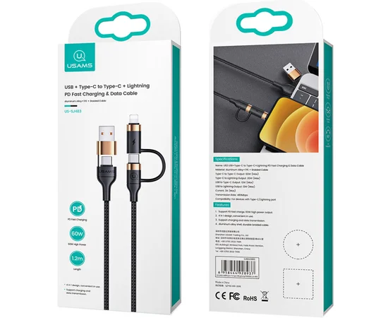 Дата кабель Usams US-SJ483 U62 USB + Type-C to Type-C + Lightning PD (1.2m) Черный
