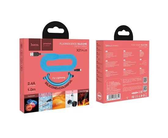 Дата кабель Hoco X21 Plus Fluorescent Silicone Lightning Cable (1m) Голубой
