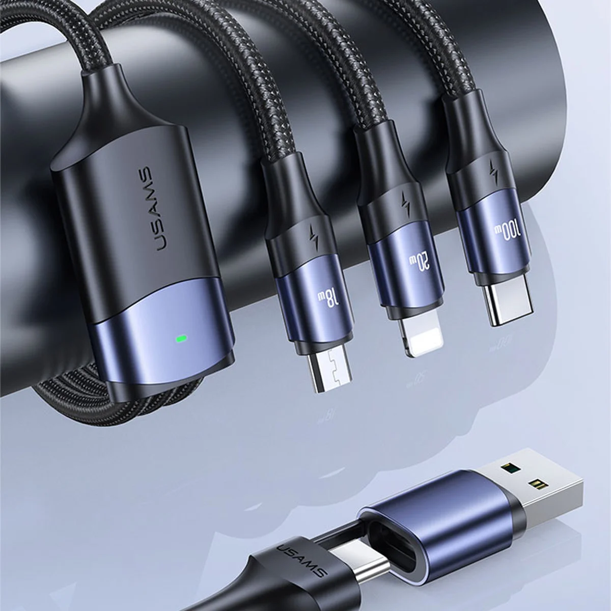 Дата кабель Usams US-SJ511 U71 All in One Aluminum Alloy USB + Type-C to Triple Head 3in1 100W(1.2m) Black