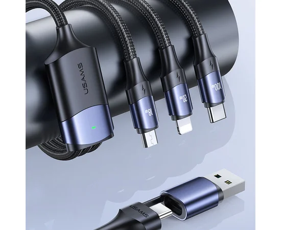 Дата кабель Usams US-SJ511 U71 All in One Aluminum Alloy USB + Type-C to Triple Head 3in1 100W(1.2m) Black