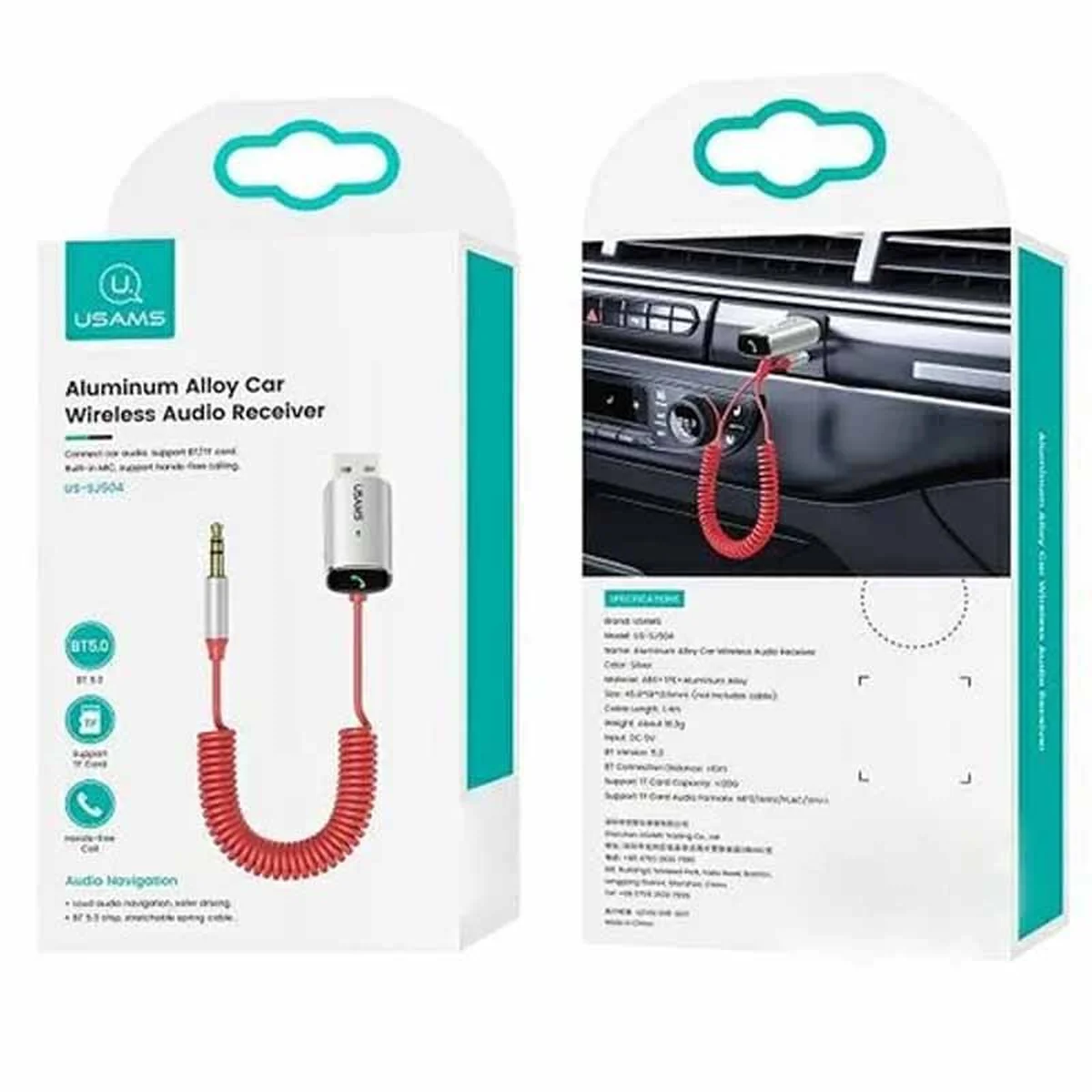 Bluetooth ресивер USAMS US-SJ504 Aluminum Alloy Car Wireless Audio Receiver BT 5.0 Серый / Черный