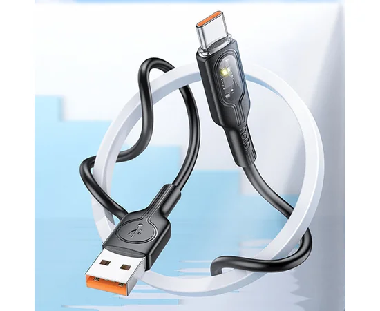 Дата кабель Hoco U120 Transparent explore intelligent power-off USB to Type-C 5A (1.2m) Black