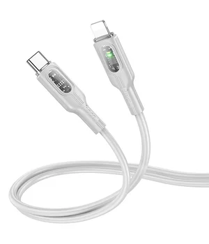 Дата кабель Hoco U120 Transparent explore intelligent power-off PD 27W Type-C to Lightning (1.2m) Gray