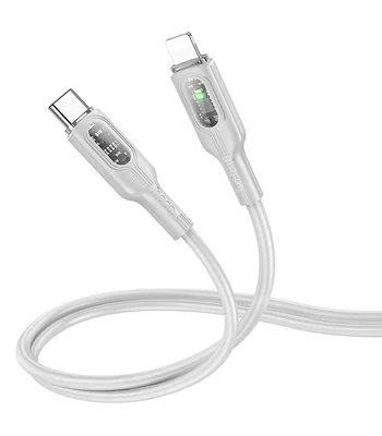 Дата кабель Hoco U120 Transparent explore intelligent power-off PD 27W Type-C to Lightning (1.2m) Gray