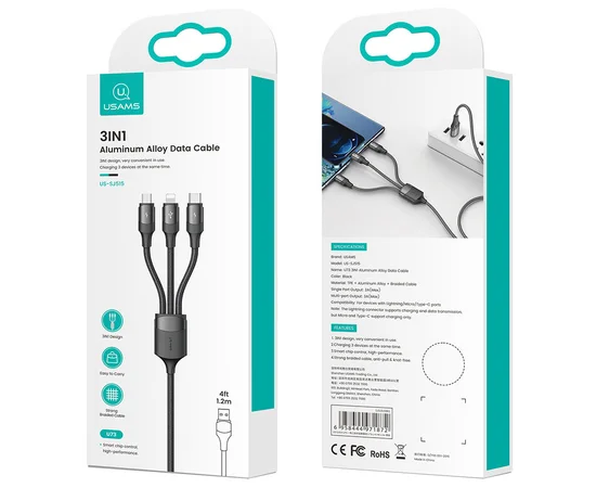 Дата кабель Usams US-SJ515 U73 3IN1 Aluminum Alloy Cable 1.2m Черный