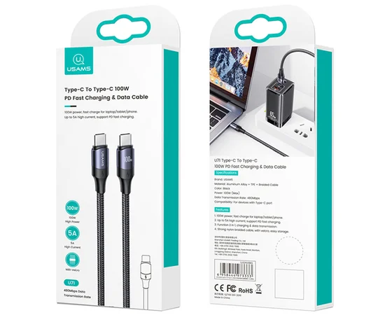 Дата кабель USAMS US-SJ526 U71 Type-C to Type-C PD 100W (3m) Black