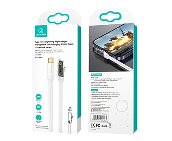 Дата кабель USAMS US-SJ583 Type-C to Lightning PD 20W Right-angle (1.2m) White