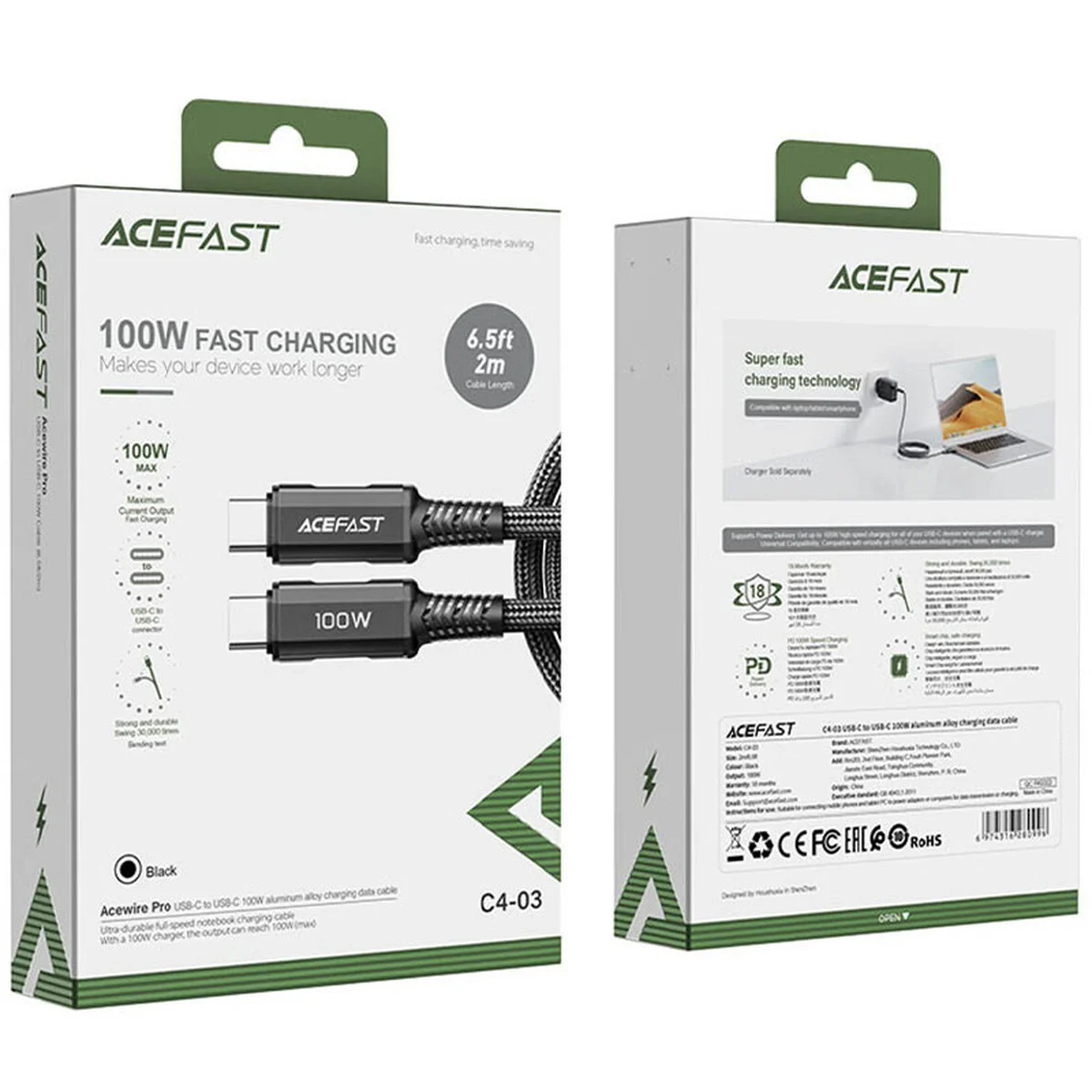 Дата кабель Acefast C4-03 USB-C to USB-C 100W aluminum alloy (1m) Black
