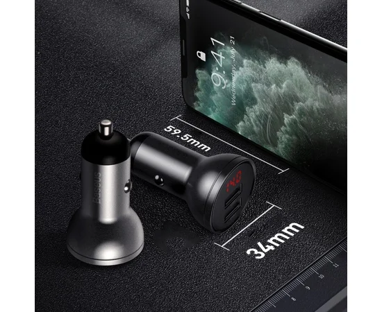 АЗУ Baseus Digital Display Dual USB 4.8A Car Charger 24W with Three Primary Colors 3-in-1 Cable USB Серый / Черный