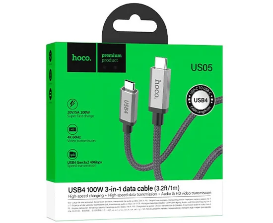 Дата кабель Hoco US05 Type-C to Type-C 100W USB4 40Gbps (1m) Black