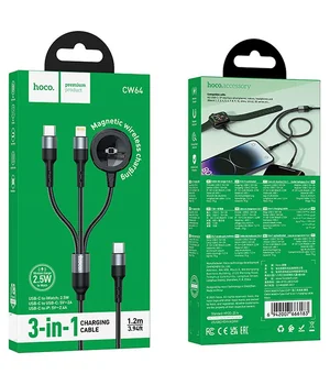Дата кабель Hoco CW64 3in1 Type-C to iWatch/Lightning/Type-C 15W (1.2m) Black