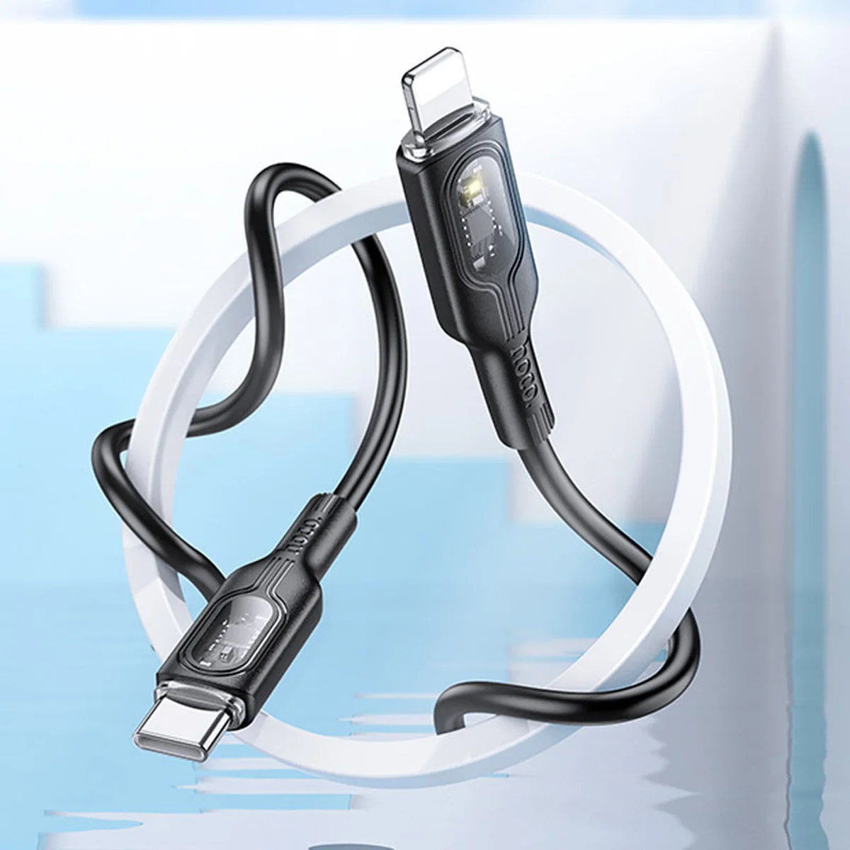Дата кабель Hoco U120 Transparent explore intelligent power-off PD 27W Type-C to Lightning (1.2m) Black