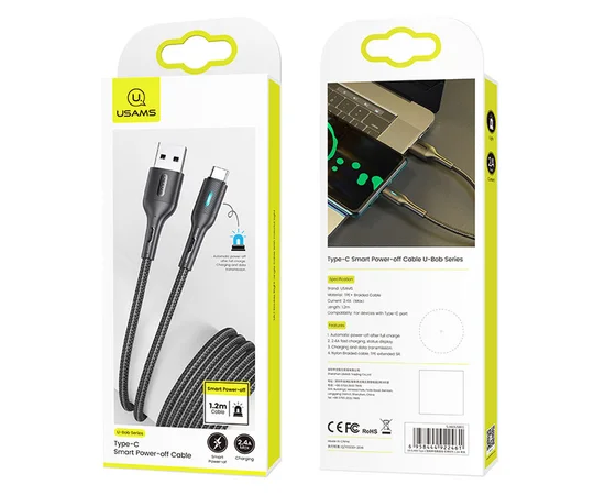 Дата кабель USAMS US-SJ460 U-Bob Series USB to Type-C Smart Power-off Cable (1.2m) Черный