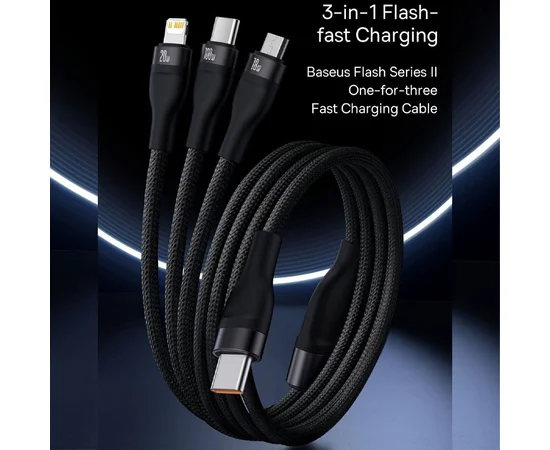 Дата кабель Baseus Flash Series 2 USB to MicroUSB-Lightning-Type-C 100W (1.2m) (CASS03000) Black