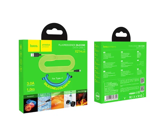 Дата кабель Hoco X21 Plus Fluorescent Silicone Type-C Cable (1m) Голубой