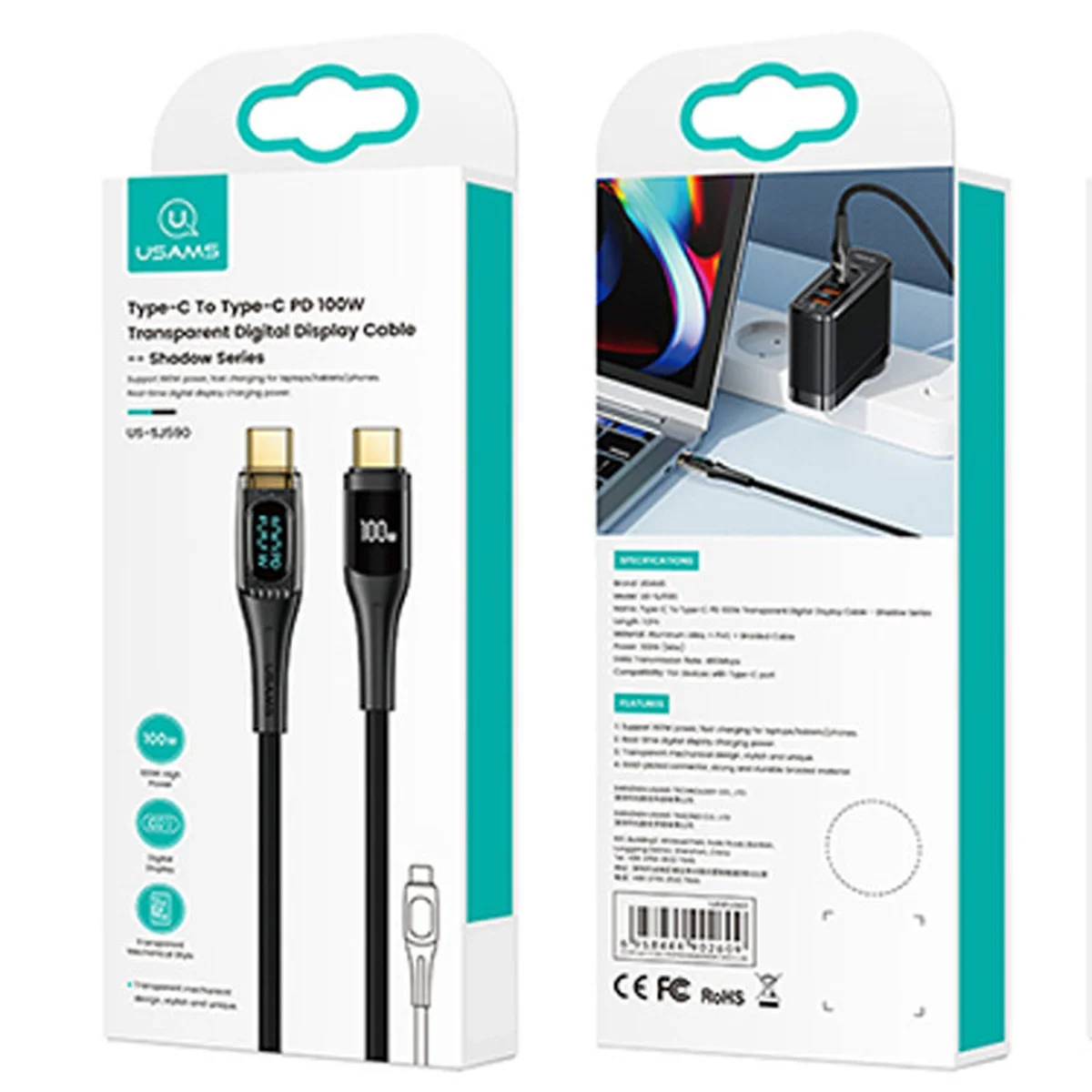 Дата кабель USAMS US-SJ591 Type-C to Type-C PD 100W Transparent Digital Display Cable (2m) Black