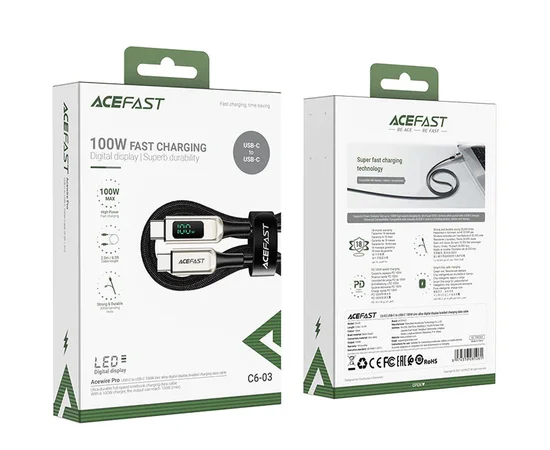 Дата кабель Acefast C6-03 USB-C to USB-C 100W zinc alloy digital display braided (1m) Silver