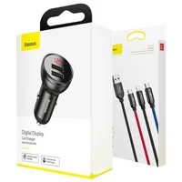 АЗУ Baseus Digital Display Dual USB 4.8A Car Charger 24W with Three Primary Colors 3-in-1 Cable USB Серый / Черный