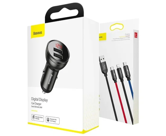 АЗУ Baseus Digital Display Dual USB 4.8A Car Charger 24W with Three Primary Colors 3-in-1 Cable USB Серый / Черный