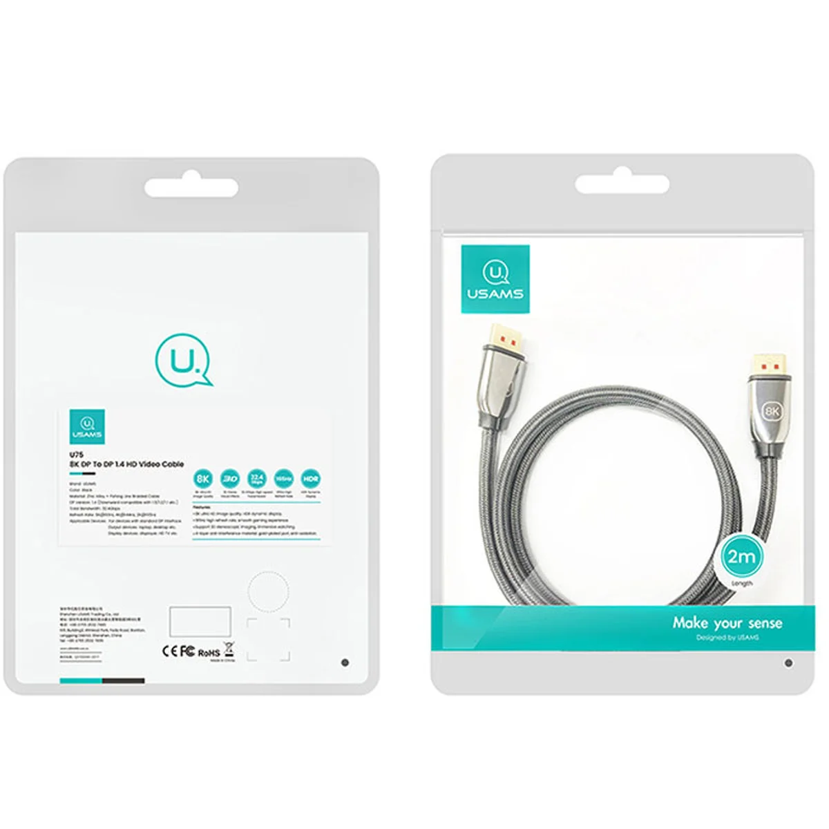 Дата кабель Usams US-SJ532 U75 8K DP to DP 1.4 HD (2m) Black