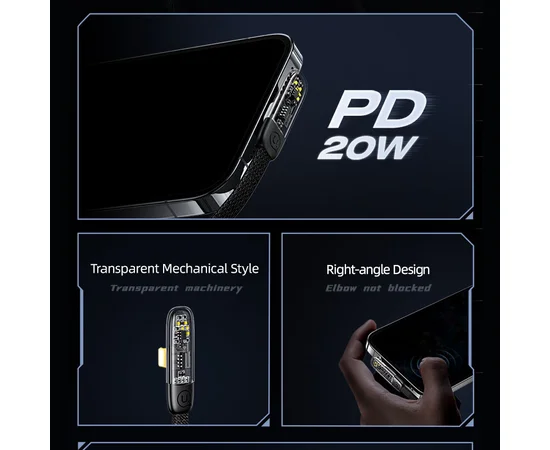 Дата кабель USAMS US-SJ583 Type-C to Lightning PD 20W Right-angle (1.2m) Black