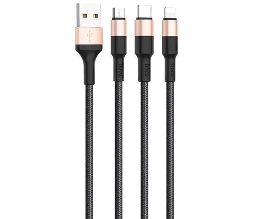 Дата кабель Hoco X26 Xpress 3in1 Lightning -MicroUSB-Type-C (1m) Черный / Золотой