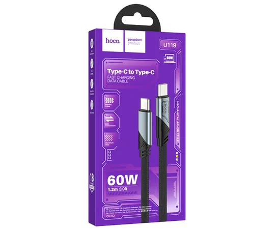 Дата кабель Hoco U119 Machine charging data Type-C to Type-C 60W (1.2m) Black
