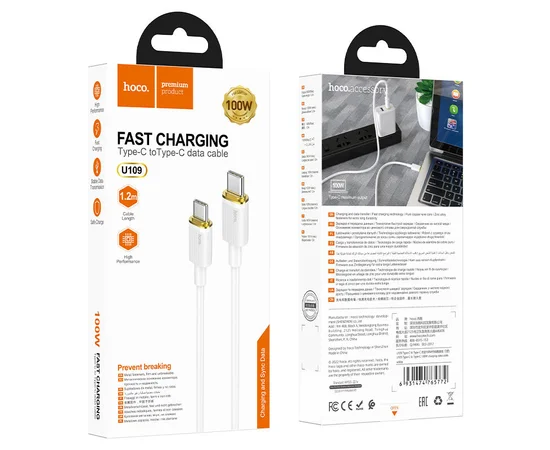 Дата кабель Hoco U109 Type-C to Type-C 100W (1.2m) White