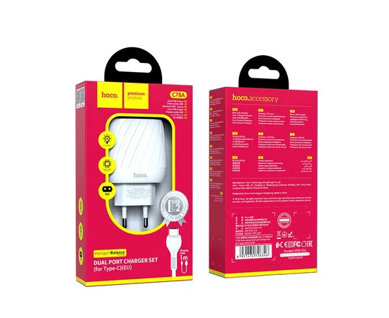 СЗУ Hoco C78A (2USB/2.4A) + Type-C Белый