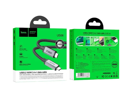 Дата кабель Hoco US06 Type-C to Type-C 100W USB3.2 20Gbps (1m) Black