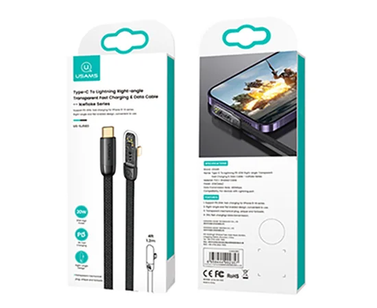 Дата кабель USAMS US-SJ583 Type-C to Lightning PD 20W Right-angle (1.2m) Black