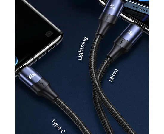 Дата кабель Usams US-SJ511 U71 All in One Aluminum Alloy USB + Type-C to Triple Head 3in1 100W(1.2m) Black