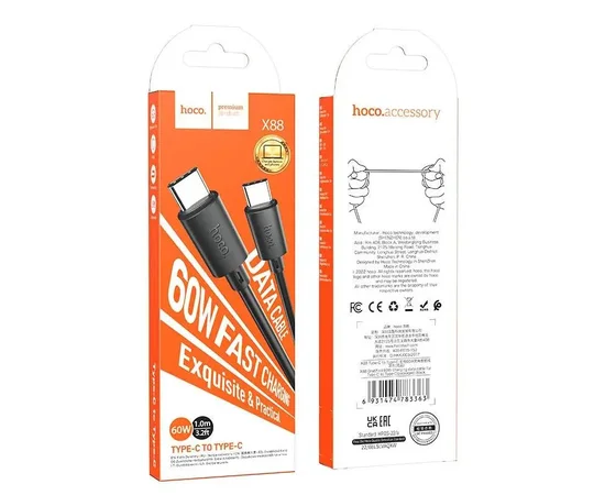 Дата кабель Hoco X88 Gratified PD 60W Type-C to Type-C (1m) Black