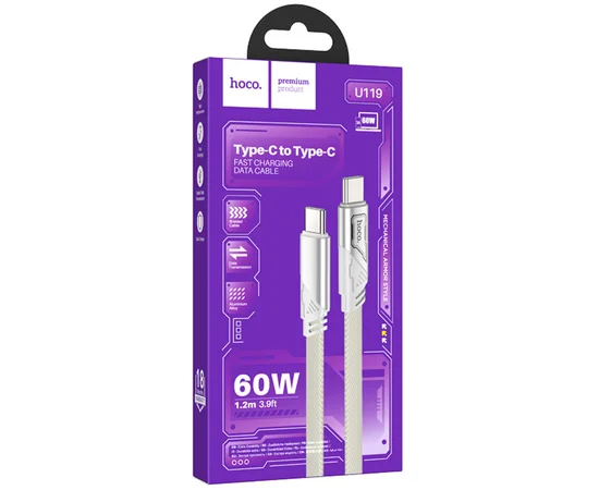 Дата кабель Hoco U119 Machine charging data Type-C to Type-C 60W (1.2m) Gray