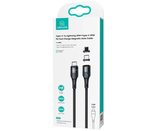 Дата кабель Usams US-SJ507 U66 Magnetic Type-C to Lightning 20W + Type-C 60W (2m) Черный