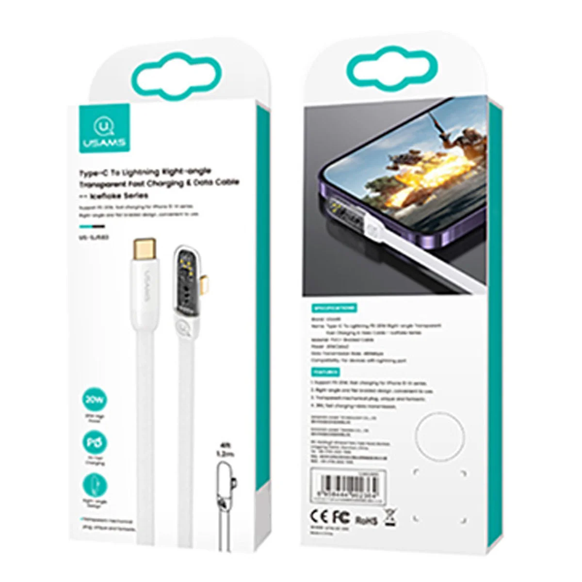 Дата кабель USAMS US-SJ586 Type-C to Lightning PD 20W Right-angle (2m) White
