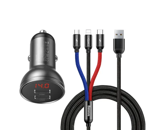 АЗУ Baseus Digital Display Dual USB 4.8A Car Charger 24W with Three Primary Colors 3-in-1 Cable USB Серый / Черный