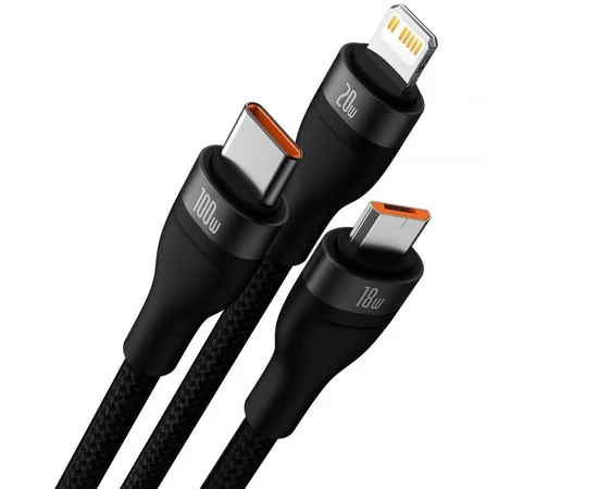 Дата кабель Baseus Flash Series 2 USB to MicroUSB-Lightning-Type-C 66W (1.2m) (CASS04000) Black