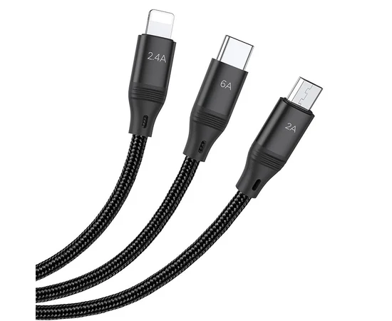 Дата кабель Hoco U104 Ultra 6A 3in1 Lightning -MicroUSB-Type-C (1.2m) Черный