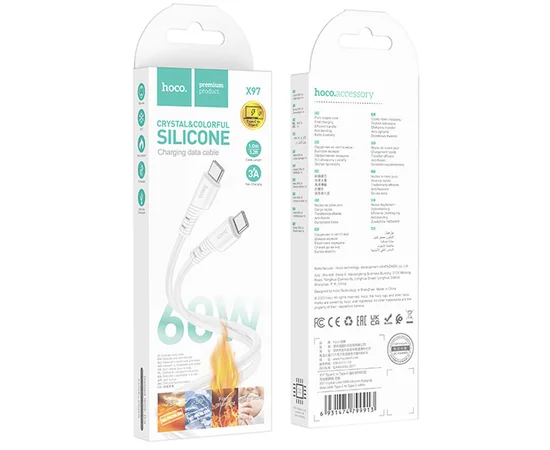 Дата кабель Hoco X97 Crystal color Type-C to Type-C 60W (1m) White