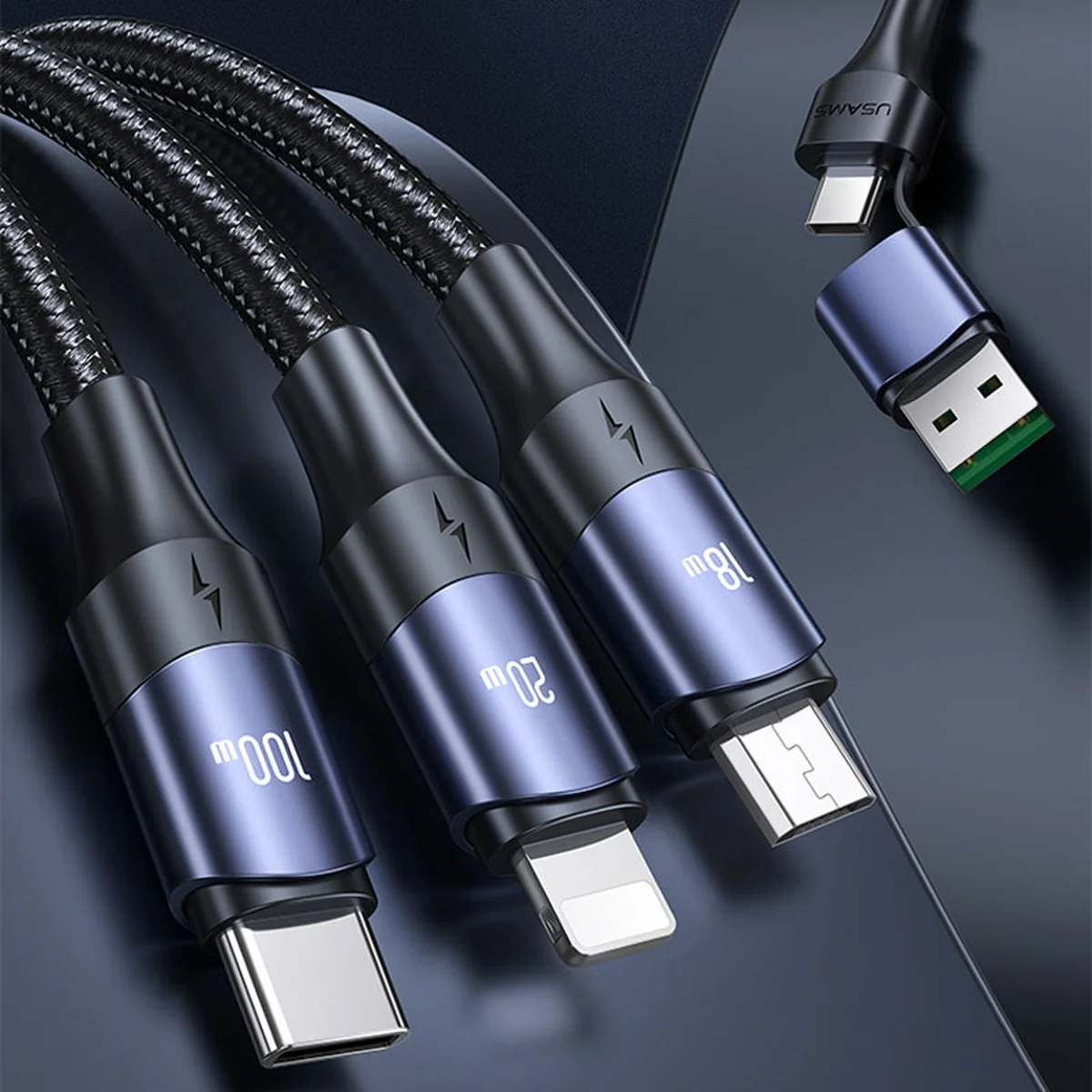 Дата кабель Usams US-SJ511 U71 Все в одному Алюмінієвий Alloy USB + Type-C для Triple Head 3in1 100W(1.2m) Black