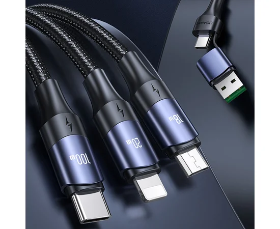 Дата кабель Usams US-SJ511 U71 All in One Aluminum Alloy USB + Type-C to Triple Head 3in1 100W(1.2m) Black