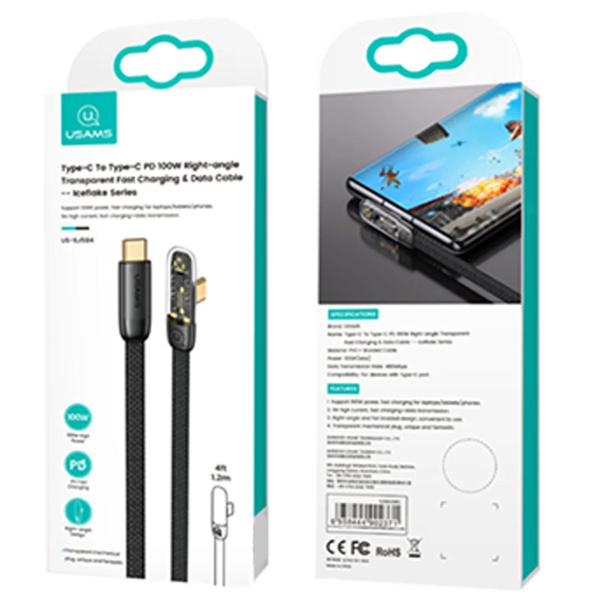 Дата кабель USAMS US-SJ587 Type-C to Type-C PD 100W Right-angle (2m) Black