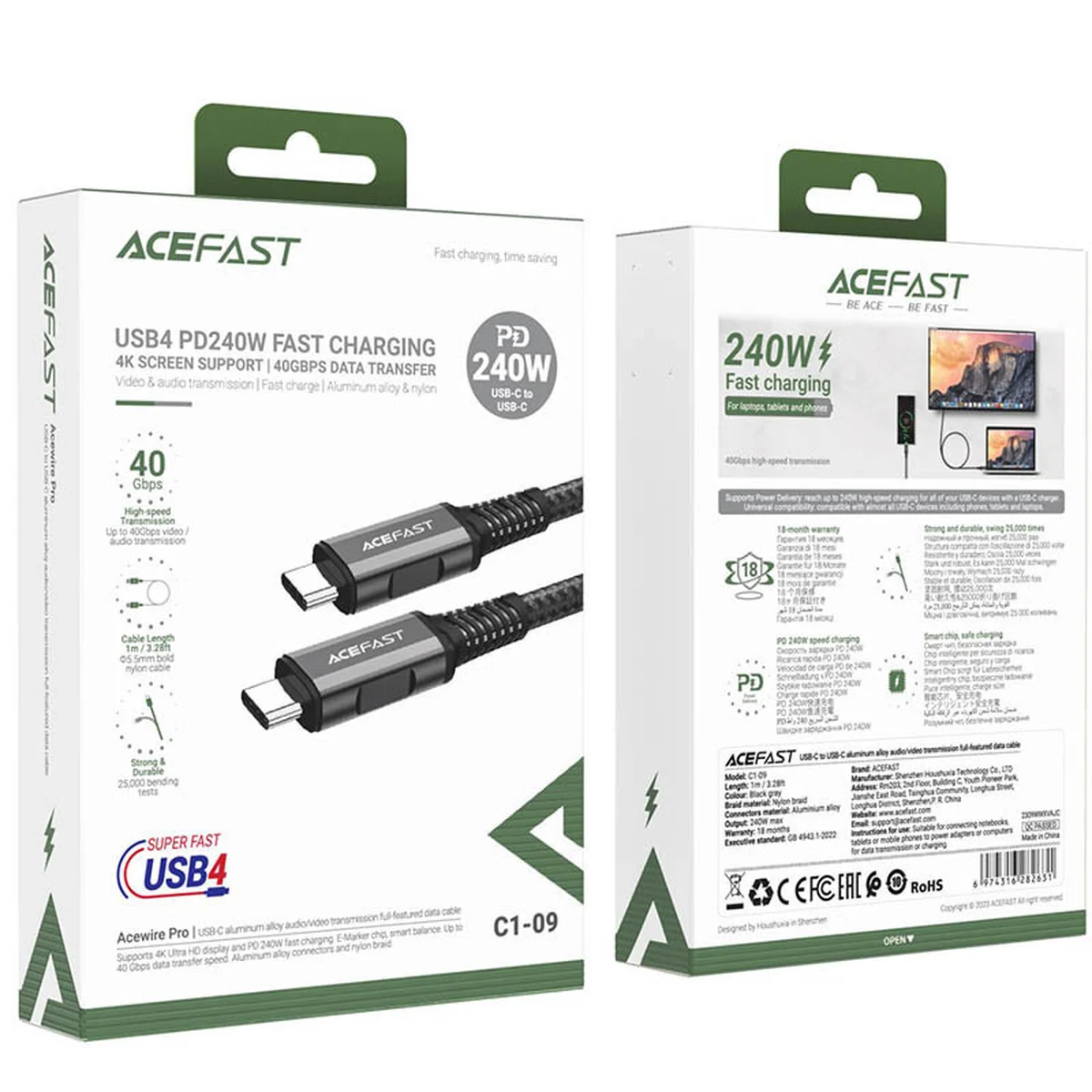Дата кабель Acefast C1-09 USB-C to USB-C PD240W 40Gbps USB 4 aluminum alloy Black / Gray