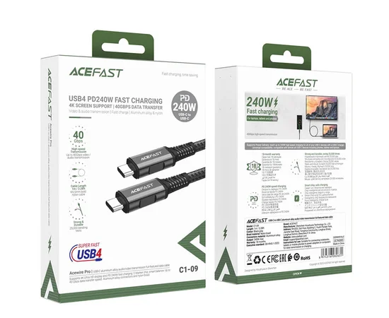 Дата кабель Acefast C1-09 USB-C to USB-C PD240W 40Gbps USB 4 aluminum alloy Black / Gray