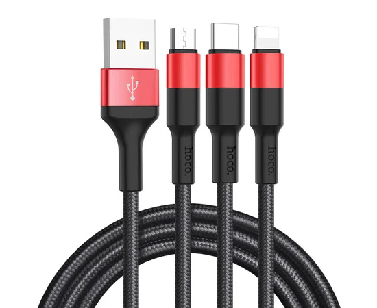 Дата кабель Hoco X26 Xpress 3in1 Lightning -MicroUSB-Type-C (1m) Черный / Красный