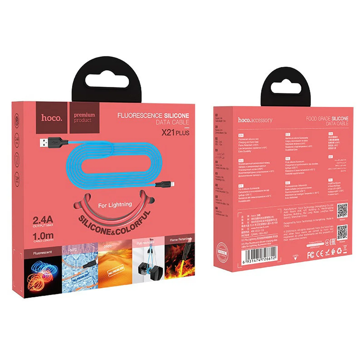 Дата кабель Hoco X21 Plus Fluorescent Silicone Lightning Cable (1m) Червоний